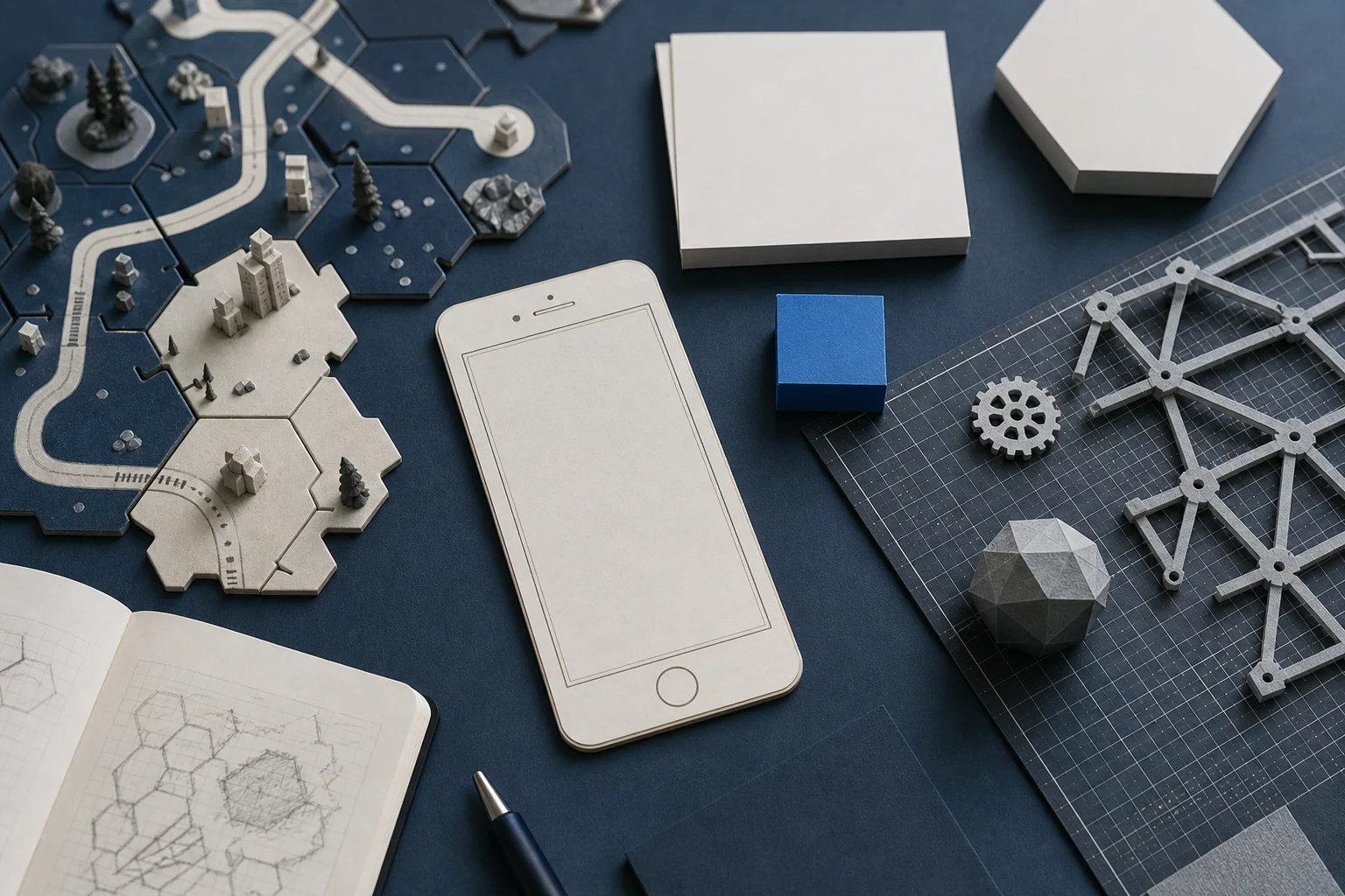 Tactile game and software planning materials arranged on a studio table